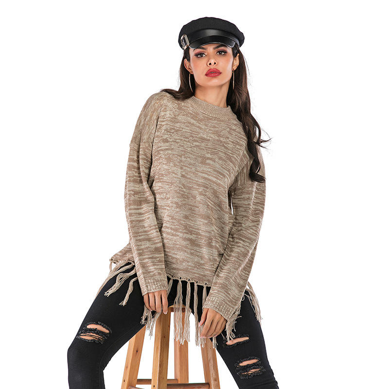 

Women Solid Color Fashion Tassel Decor Long Sleeve Autumn Sweater Pullover Tops, Khaki