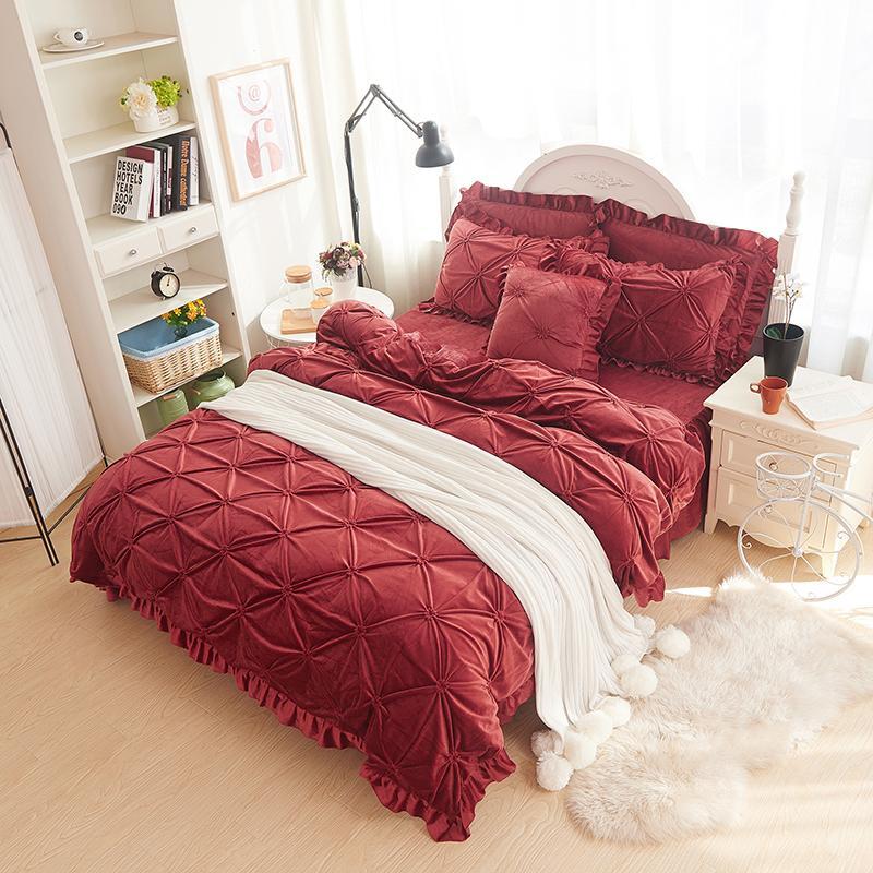 

Princess style fleece pleated winter bedding sets Full Queen King size girls purple grey blue duvet cover+Bedskirt+pillowcase, Color 2