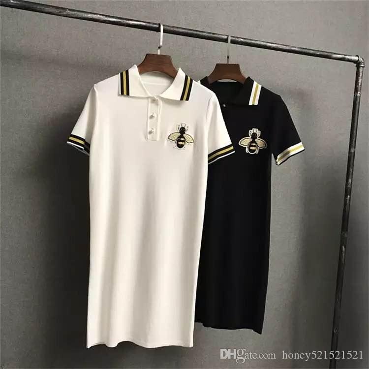 Summer new women's turn down collar short sleeve embroidery bee college preppy style polo shirt casual knitted dress