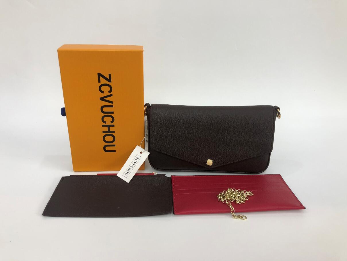 

3 colors handbag fashion women purse chain bag three-piece flower bag ladies PVC leather classic wallet card bag with box, Brown flower