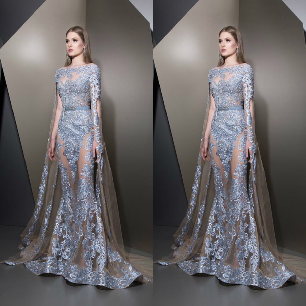 Ziad Nakad Upscale Blue Mermaid Evening Dresses Lace Applique Long Sleeve Satin Prom Gowns Plus Size Customized Formal Party Dress