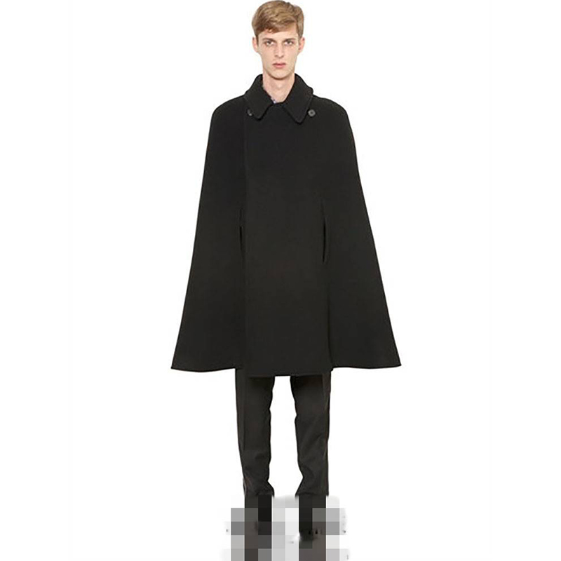 

Nightclub hip hop high street wind magician cloak personality shawl tide men's autumn and winter models thick woolen coat woolen, Black