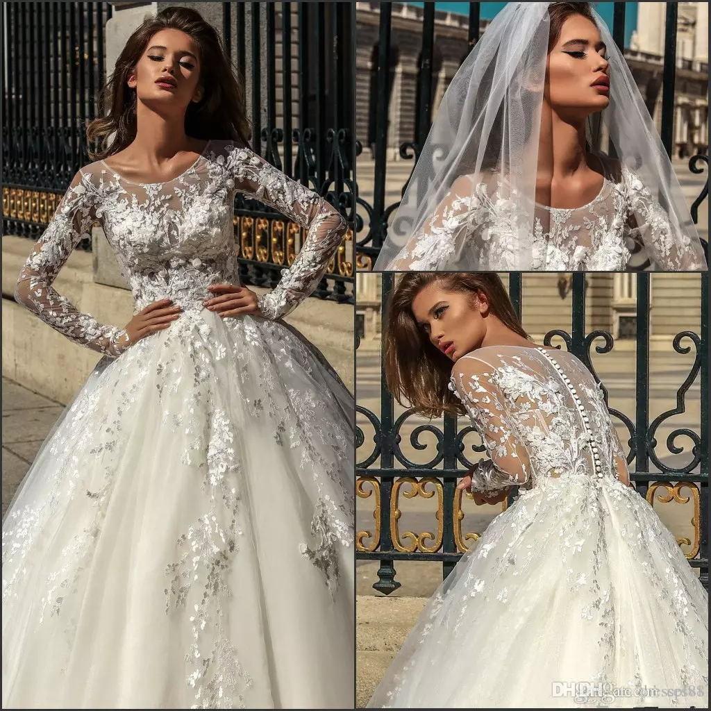 

Long Sleeve 2019 Mila Nova Lace Wedding Dresses Scoop Neck Appliques Court Train Bridal Gowns Vestido De Novia Custom Wedding Dress, Gold