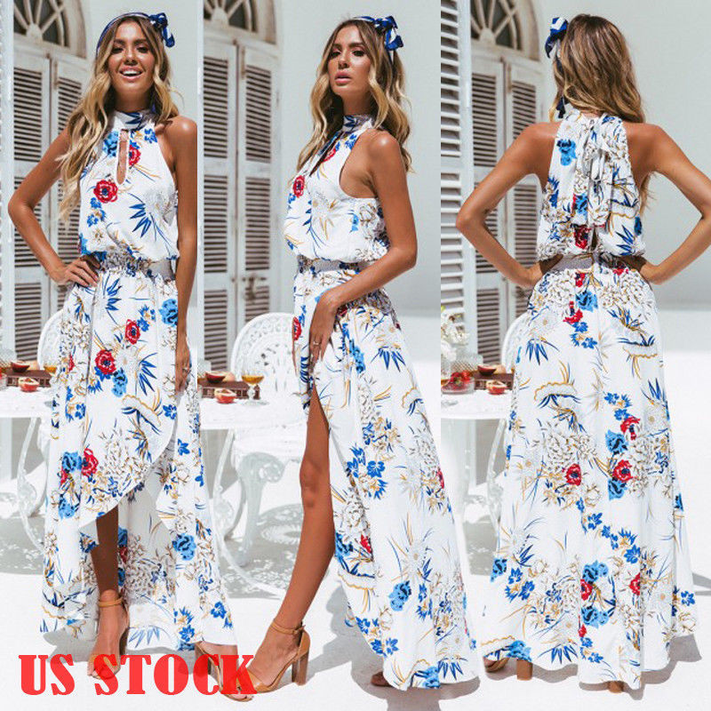 

Women Long Maxi Dresses Bohemia Halter Sleeveless Floral Print Ethnic Summer Beach Female Split Stylish Style Dress, Green