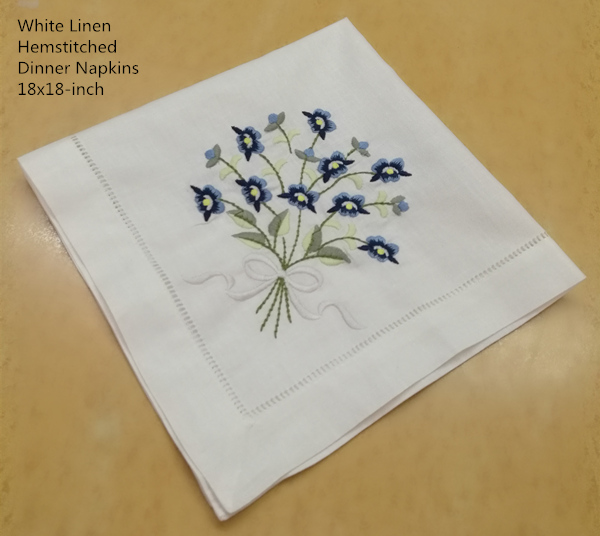 

Set of 12 Fashion Wedding Napkins white Hemstitched Cotton Table Napkin with Color Embroidered Floral Dinner Napkins 18x18-inch