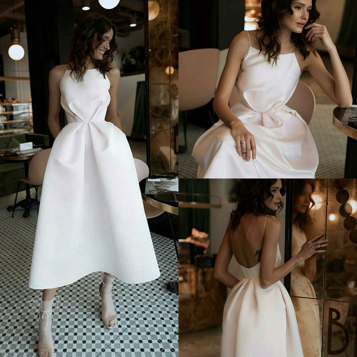 

2020 White Homecoming Dresses With Pocket A Line Spaghetti Tea Length Simple Cocktail Party Dress Custom Made Satin Formal Gowns, Dark green