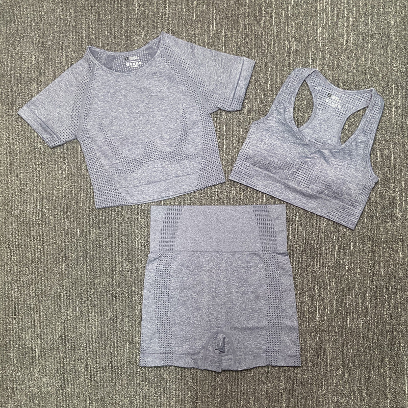 

Seamless Yoga Set Women Fitness Clothing Gym Set Sports Bra Short Sleeve Crop Top High Waist Shorts Sports Suits Athletic Wear, Black