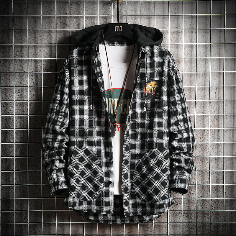 

Plaid Shirt Men Streetwear Men Hooded jacket Casual Slim Fit Vintage Shirt Long Sleeve, Black