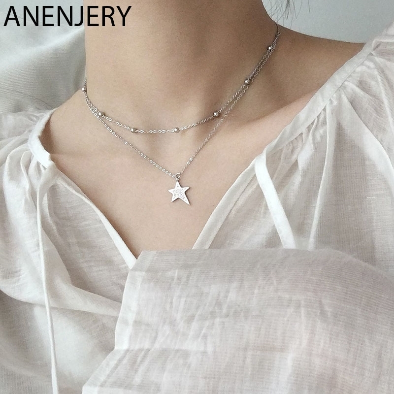 

925 Sterling Silver Micro Cubic Zirconia Star Necklaces For Women Double Beads Chain Personalized Necklace