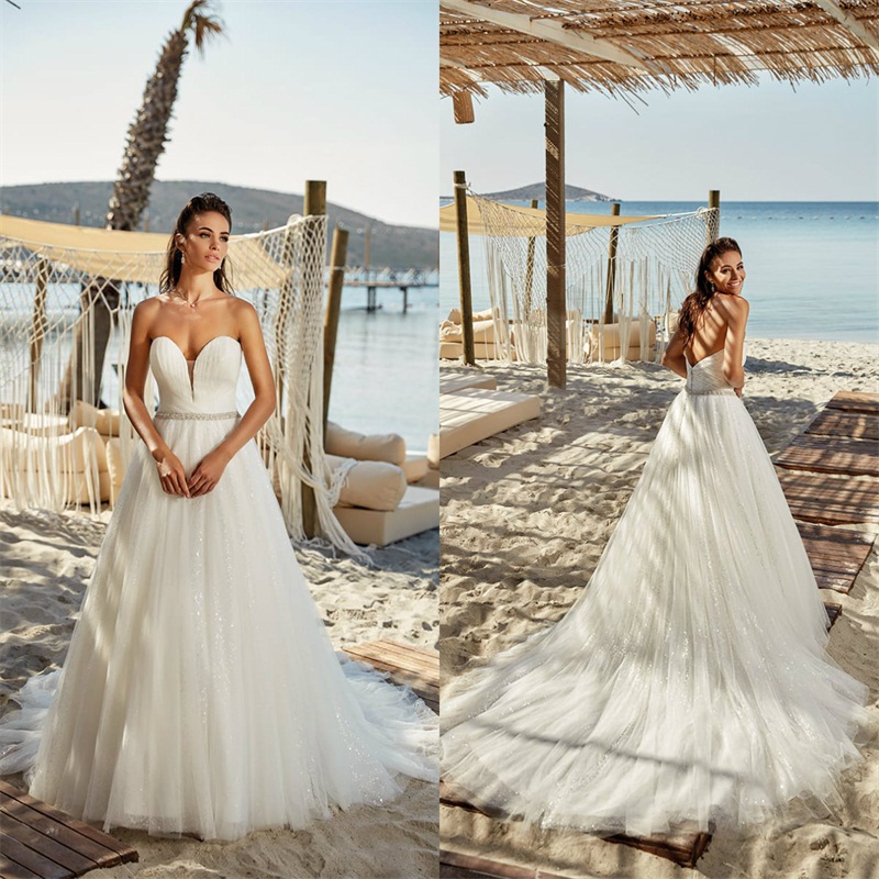 Eddy K A-ligne Robes De Mariée Sexy Sans Bretelles Sans Manches Dos Nu Robe De Mariée Paillettes Tulle Sash Balayage Train Plage Robe De Mariée P