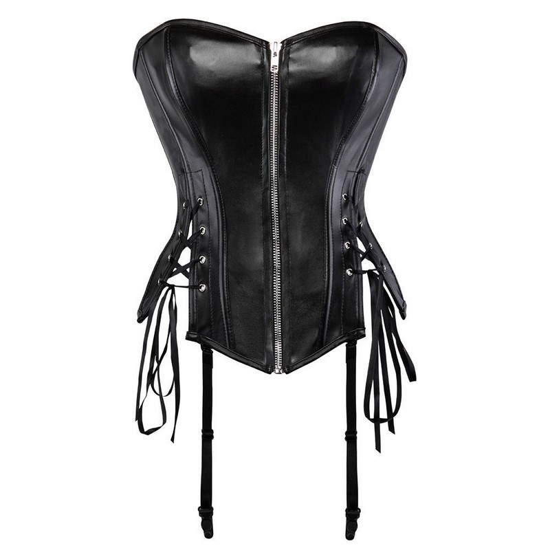 

Gartered Leather Zipper Corset Women Side Ribbon Lace-up Details Plastic Boned Bodyshaper Fashion Overbust Waist Slimming Corset, Black