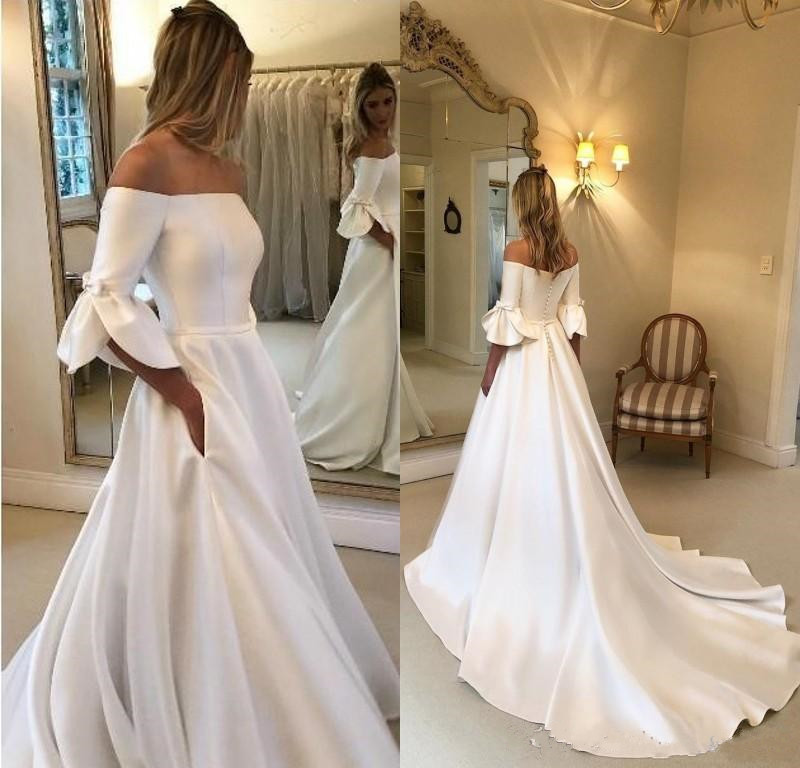 

2020 Sexy Satin A line Wedding Dresses Half Sleeves Sexy Off the Shoulder Wedding Gowns Covered Buttons Sweep Train Long Bridal Dress, White