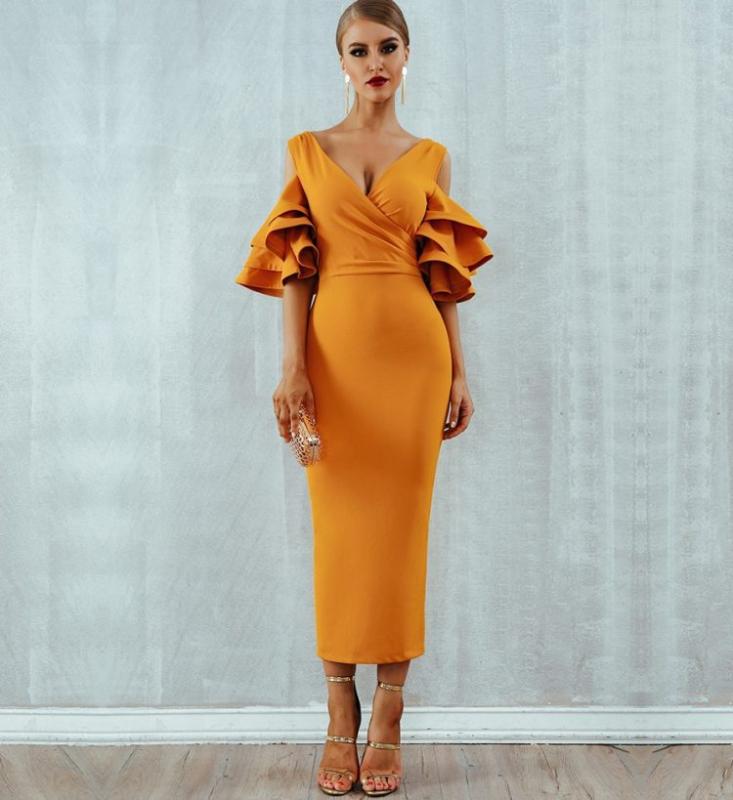 

2019 Sexy Sleeve Dress Woman, Yellow