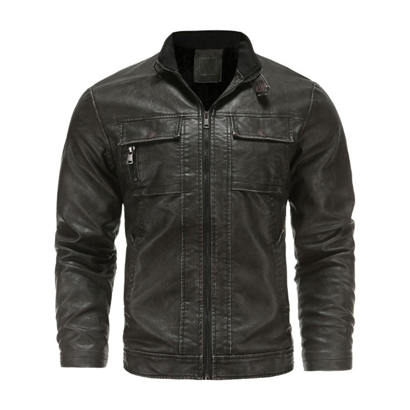 

New Retro Motorcycle Leather Jacket Men Fleece PU Outerwear Casual Biker Leather Jacket Men Jaqueta De Couro Masculina, Black