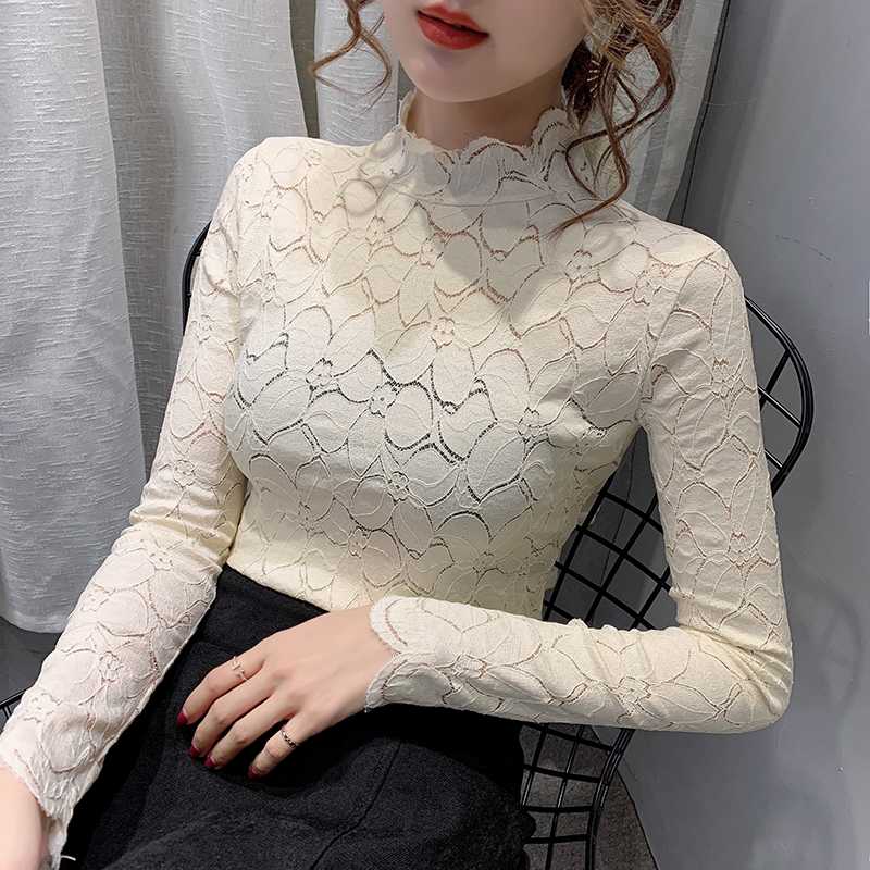 

fashion woman blouses 2020 long sleeve blouse women turtleneck lace blouse shirt women tops clothes womens tops and blouses C739, White