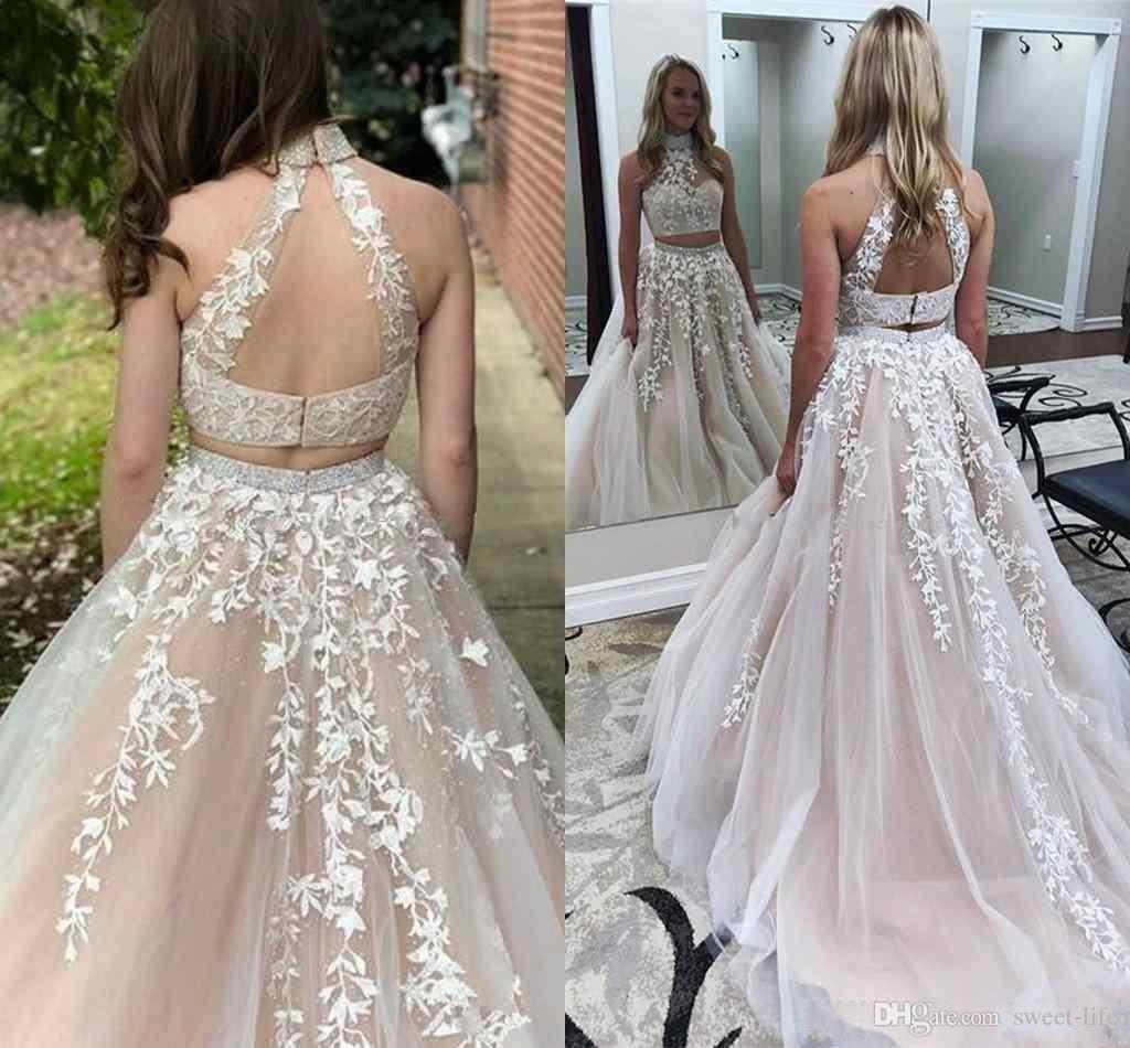 Gorgeous Long Appliques Lace Tulle Prom Dresses Backless Formal Party Wear 2020 Sweet Girl 16 Two Piece Evening Dress