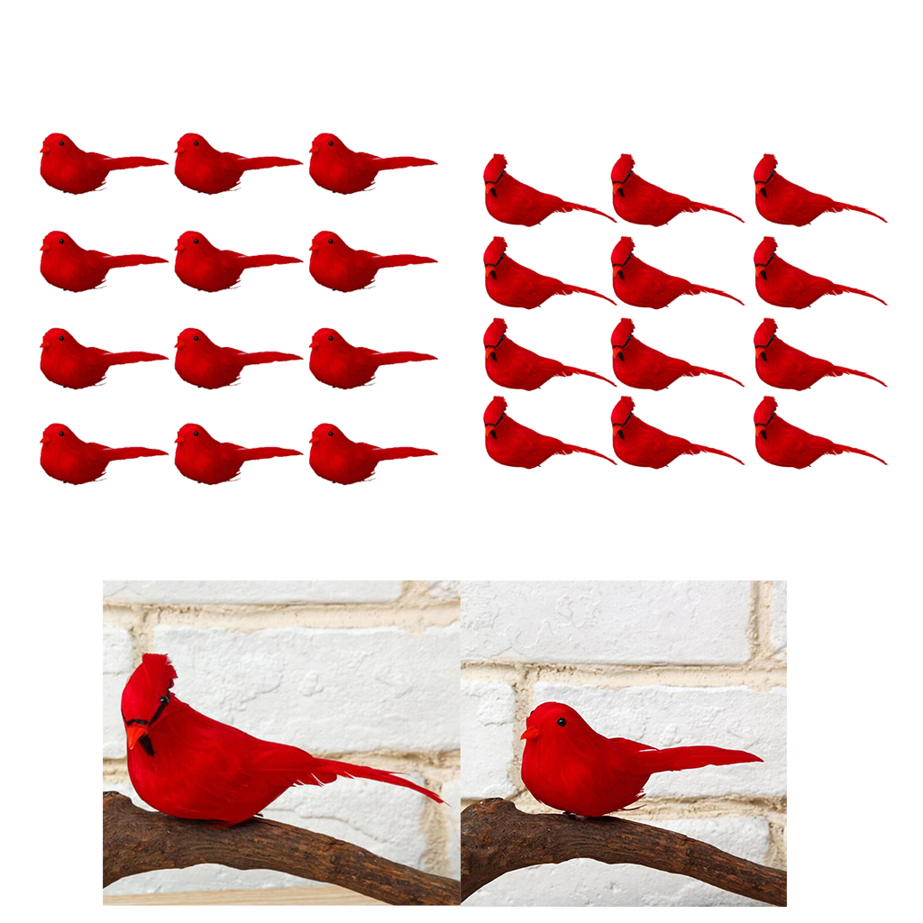

24-pack artificial feathered bird statues for garden decoration, red