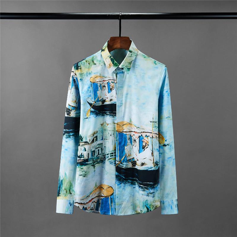 

Ink Painting Printed Luxury Chinese Style Lon Sleeve Mens Dress Plus Size 4xl Fashion Slim Man Shirts, Blue