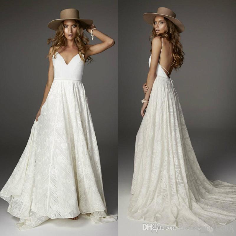 

2019 Cowboy Bohemian Wedding Dresses A Line Lace Appliqued Backless Backless Boho Bridal Gowns Sweep Train Beach Wedding Dress robes, Same as image