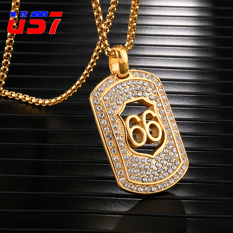 

US7 Iced Out Route 66 Pendants Necklaces Men Stainless Steel Crystal Sports necklace For Men women Chain American Jewelry Gift