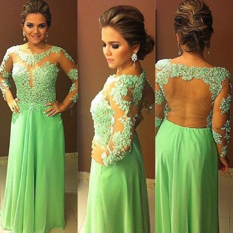 

New Arrival Long Sleeve Evening Dresses 2020 robe de soiree A Line Chiffon Sheer Imported Party Dress Illusion Formal Prom Gowns, Hunter