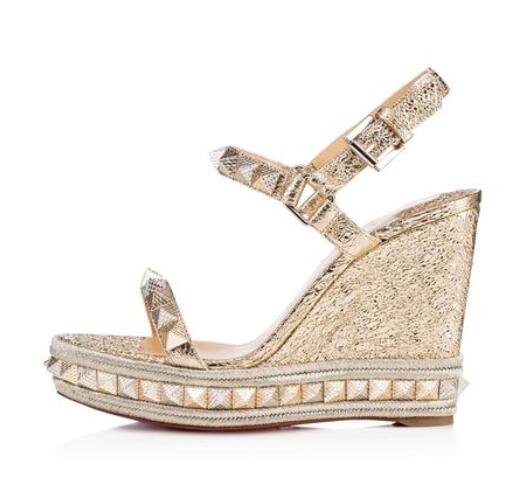

[with box]Elegant Style Pyraclou Red Bottom Wedges Sandals Espadrilles Ankle Strap High Heels Women Wedge Ladies Sandals Sliver,Golden, Black