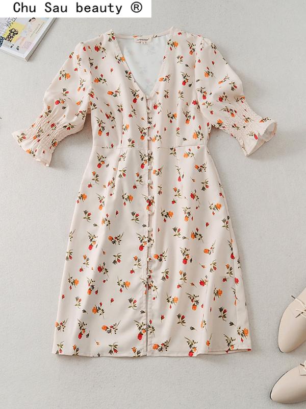 

Chu Sau beauty New Fashion Casual Floral Print Chiffon Midi Dress Women French Chic Slim Deep V-neck Summer Beach Dresses Mujer, Beige