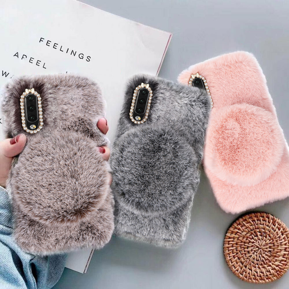Lindo oreja de conejo Esponjoso Peludo Conejo De Peluche Suave Estuche Cubierta Para Samsung A8 Plus J4