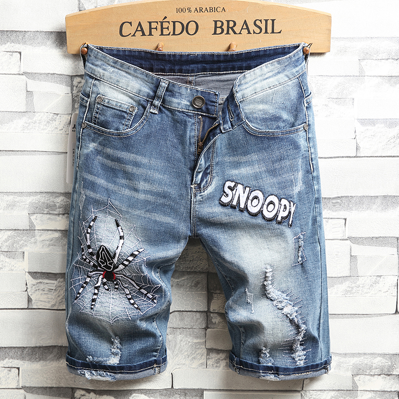 

New Men Short Denim Pants Ripped Embroidery Knee Length Middle Waist Causual Fashional Bleached Distressed Shorts Straight Free Shipping, J-2022