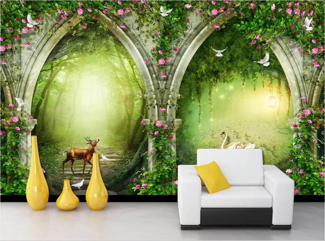 

3d room wallpaper custom photo mural Fresh dream forest arch flower vine swan pastoral TV background wall wallpaper for walls 3 d, Non-woven fabric