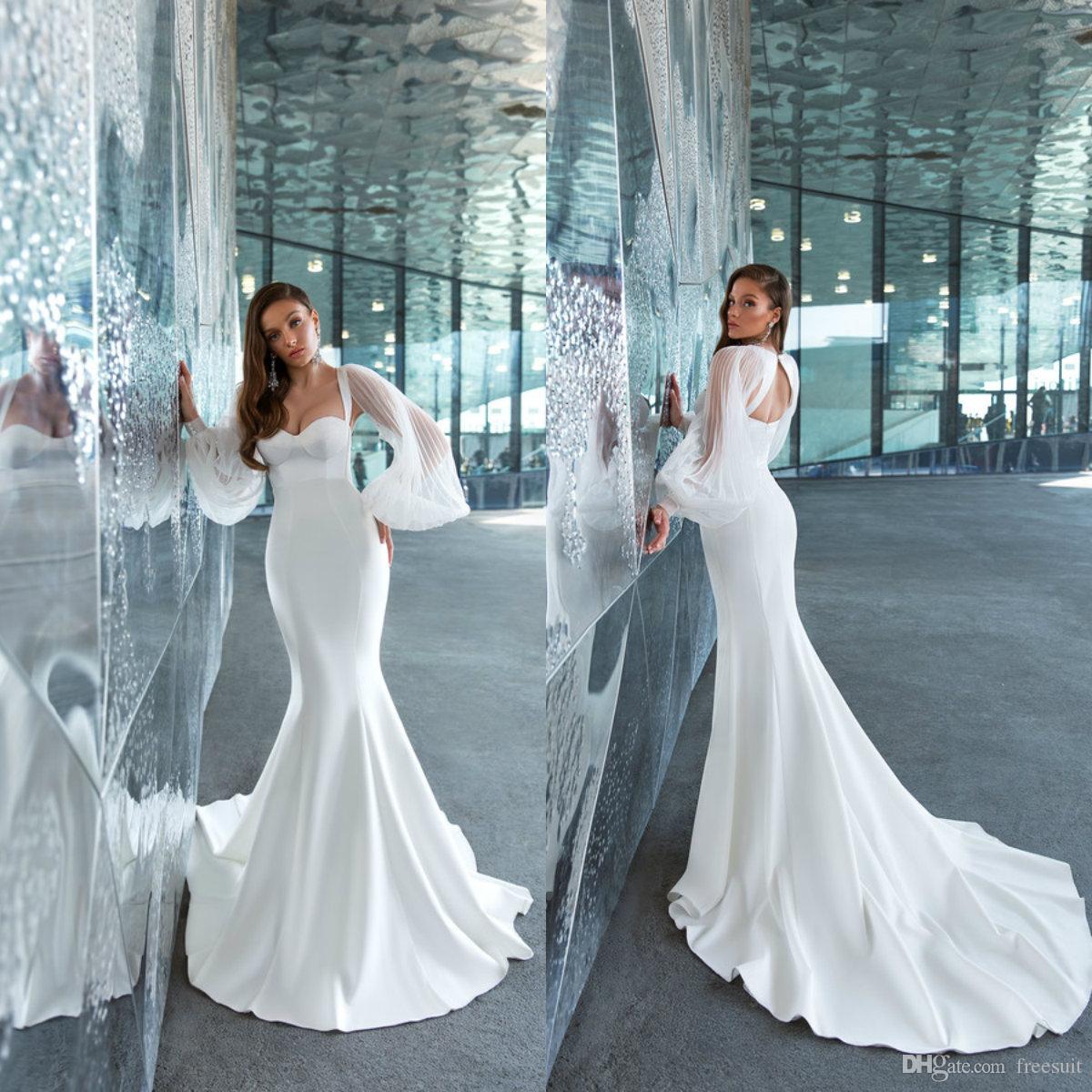 

Romantic Mermaid Wedding Dresses Sweetheart Long Sleeves Backless Sweep Train Satin Plus Size Wedding Dress Bridal Gowns vestidos de novia, Pink