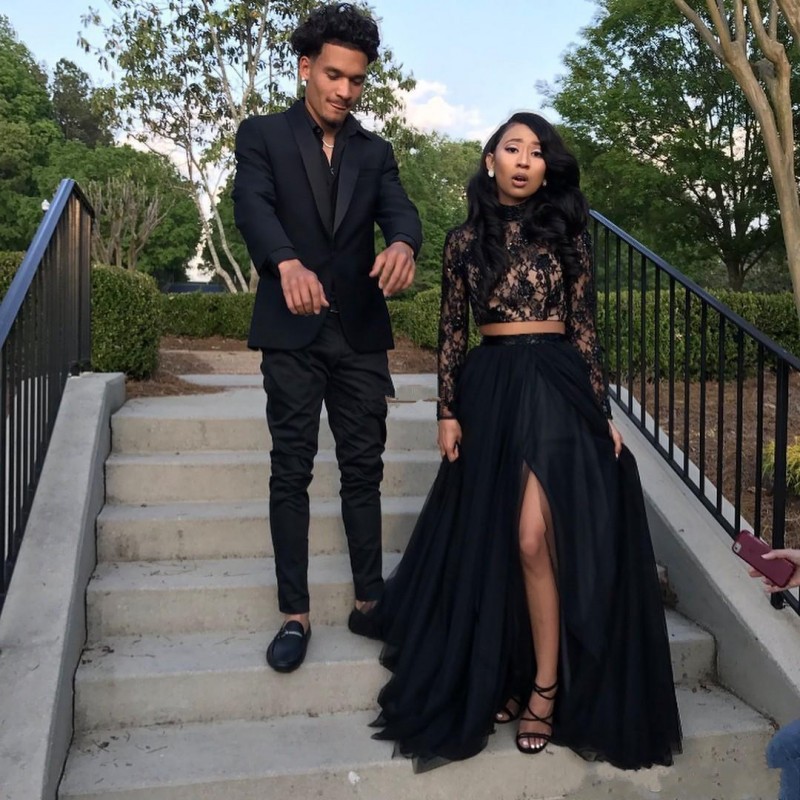 

Two Pieces Black Girls Prom Dress Long Sleeve Lace Top African High Neck Front Split Evening Gowns vestidos de fiesta, Chocolate