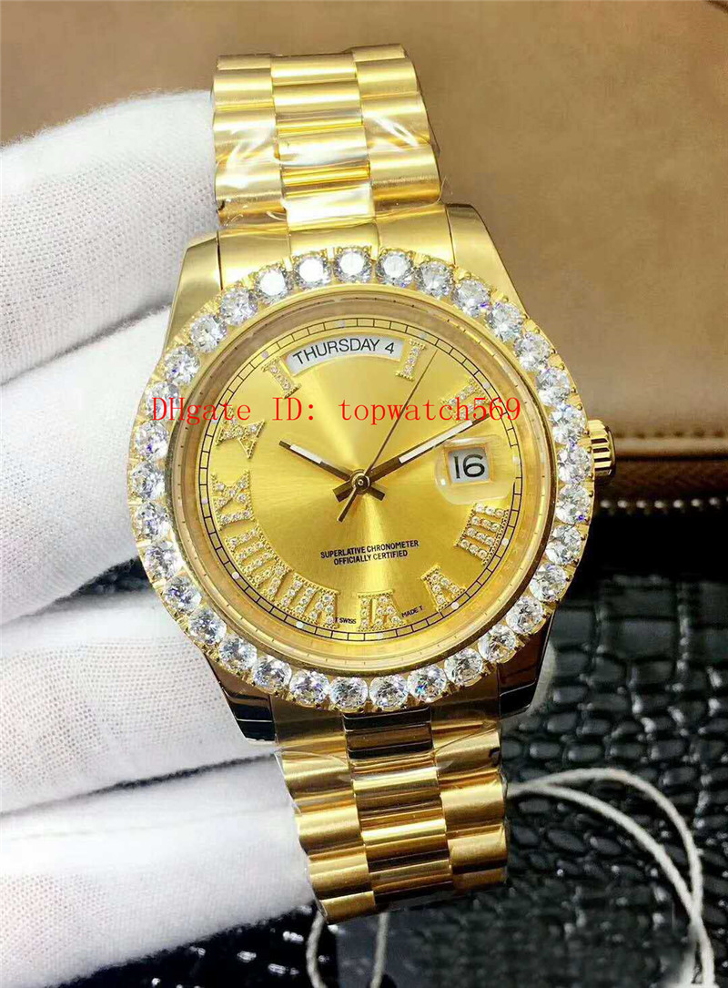 

Top Date Day Watch Diamond Mens Watch Swiss 2836 Automatic Mechanical 28800 VPH Sapphire Crystal 18k Gold 316L Stainless Steel Diamond Bezel, Slivery;brown