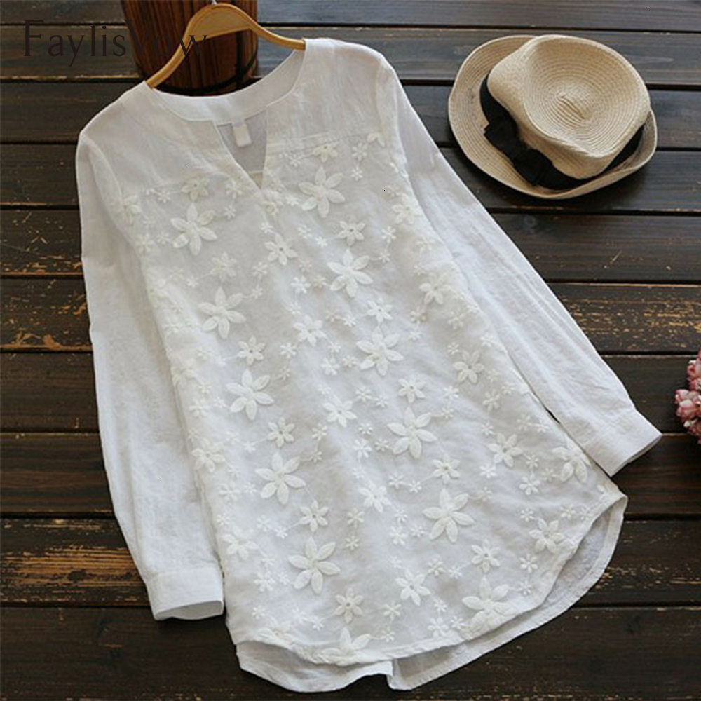 

Womens Clothing Lace Blouses Size Blouse White Plus Women Office V Neck Embroidery Floral Tops And Loose Long Sleeve Patchwork 5Xl Shirts