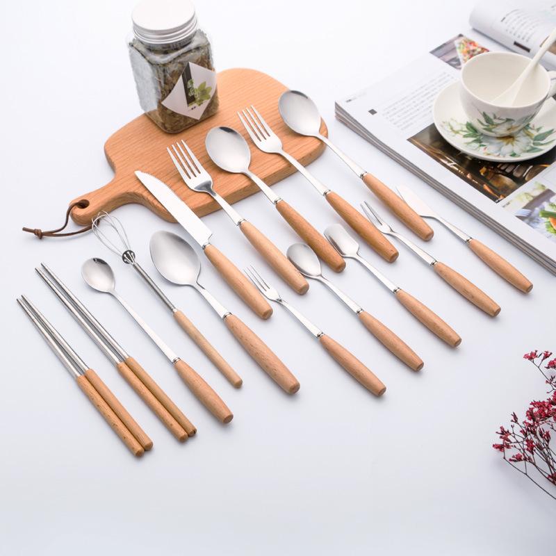 

Stainless steel tableware with wooden handle knife and fork spoon dessert coffee spoon tableware tableware SZ644