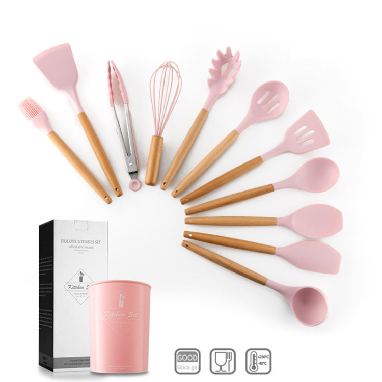 

12PCS Pink Color Silicone Cooking Utensils Set Non-stick Spatula Shovel Wooden Handle Cooking Tools Set With Storage Box Kitchen Tools