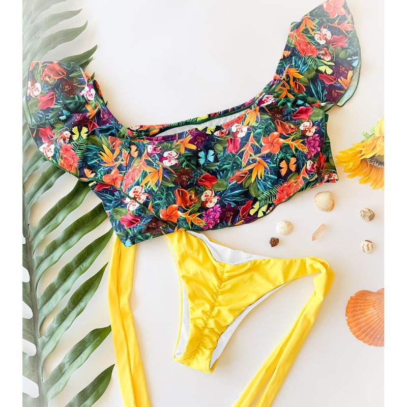 

2020 Ruffled Bikini High Waist Swimwear Women Cut Out Bandeau Bikini Set Print Biquini Swim Bathing Suit Swimsuit Summer