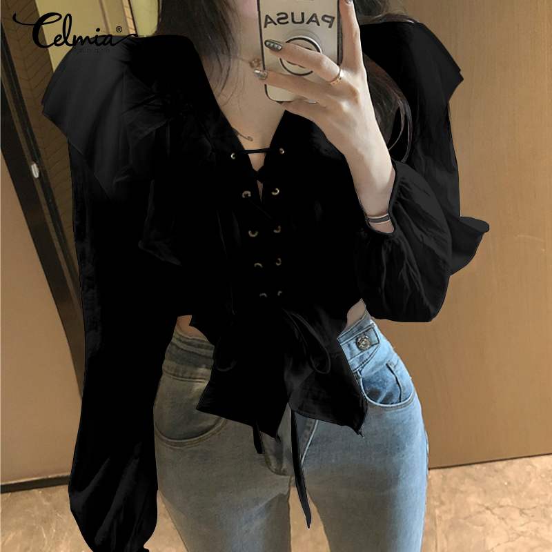 

Celmia Womens Ruffled Blouse Sexy Short Top Fashion Lace Up V Neck Long Sleeve Shirt Casual Summer 2020 Plus Size Blusa Feminina, Black