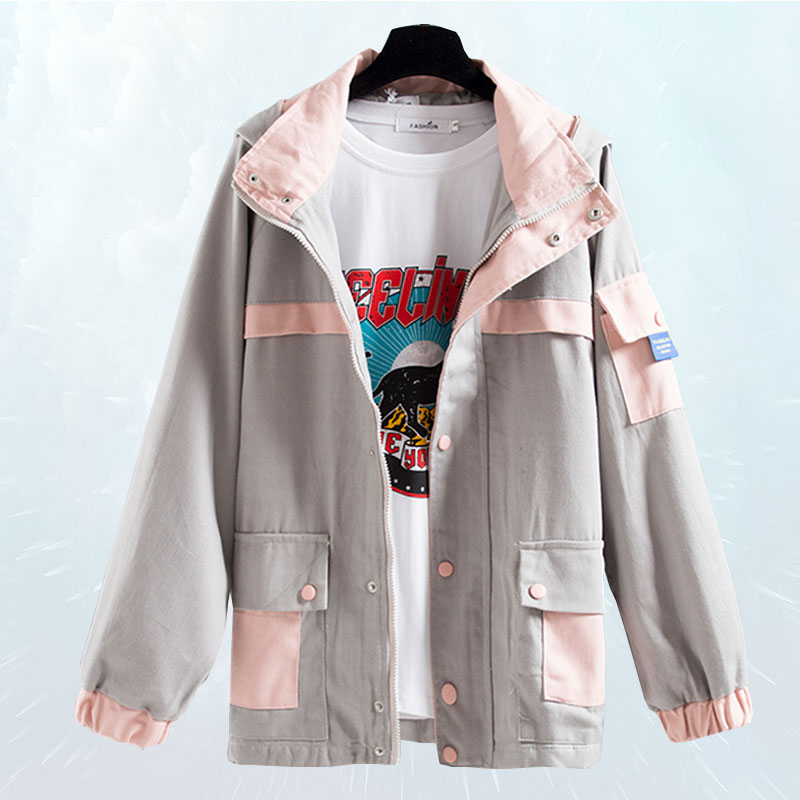 

2019 New Fashion Spring Autumn Coat Women Loose Large size BF Wind Hooded Jacket Color Matching Tooling Wind Basic Jacket SL192, Gray