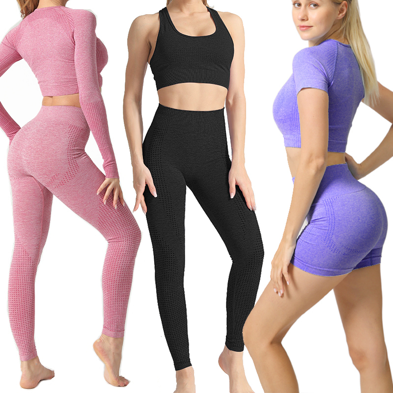 

Women Seamless Yoga Set Workout Sport Wear Gym Clothing Fitness Short/Long Sleeve Crop Top High Waist Leggings Pant Sports Suits T200617, Bra black