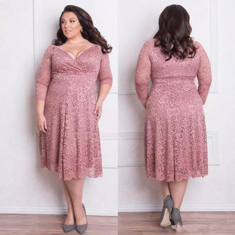 

Formal Plus Size Evening Dresses With Long Sleeves V Neck Knee Length Lace Mother of Bride Gowns A-Line Cheap Short Prom Dress, Purple