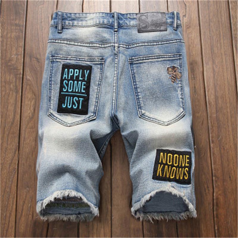 

Designer Mens Jeans Bee Embroidery Holes Hip Hop Blue Skinny Stretch Jeans Fashion Trend Casual Slim Leg Straight Denim Shorts Male
