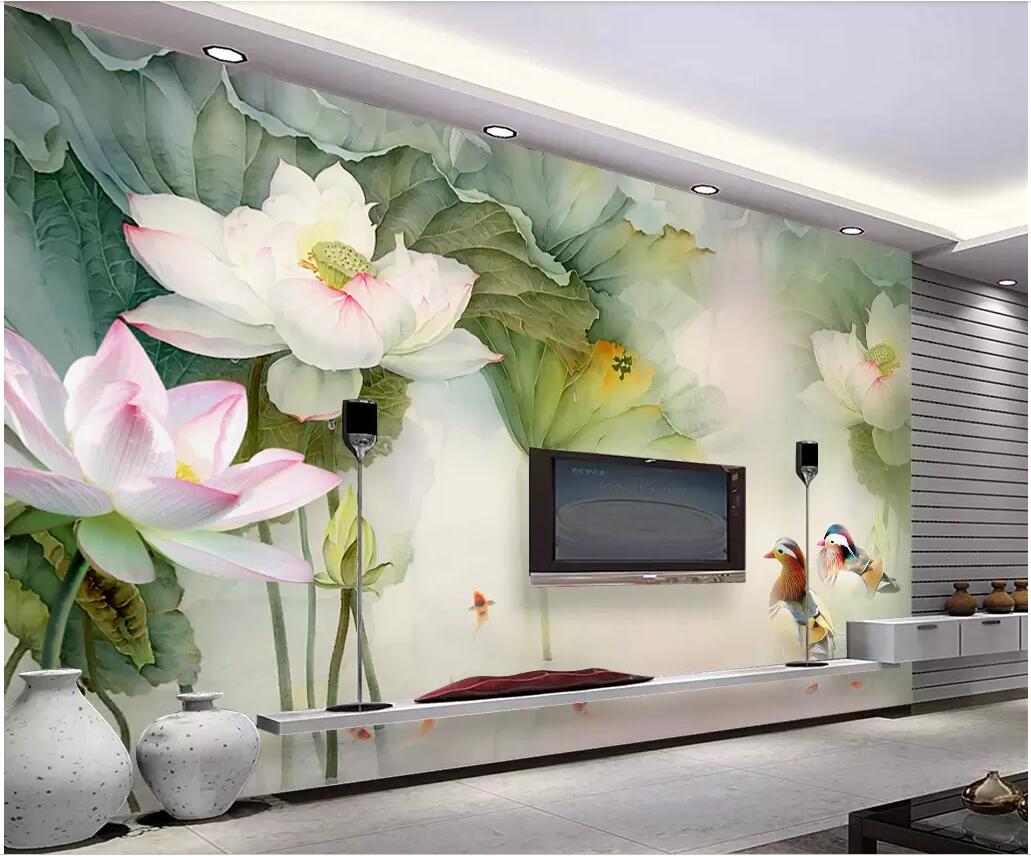 

WDBH 3d photo wallpaper custom mural Chinese lotus pond mandarin duck tv background painting home decor living room wallpaper for walls 3 d, Non-woven