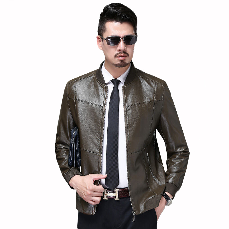 

New Trend Men Outerwear 2019 Spring Autumn Slim Korean Motorcycle Coats Leisure Handsome Mens Thin Leather Jacket Round neck YH3, Ya green