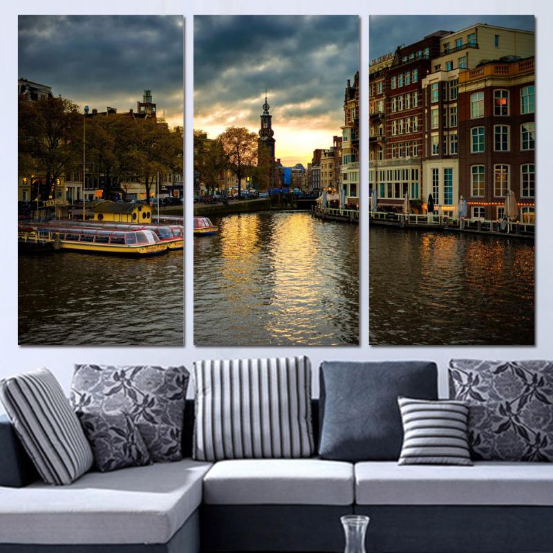 

3 Panels Canvas Art Amsterdam House Canal Home Decor Wall Art Painting Canvas Prints Pictures for Living Room Poster Unframed