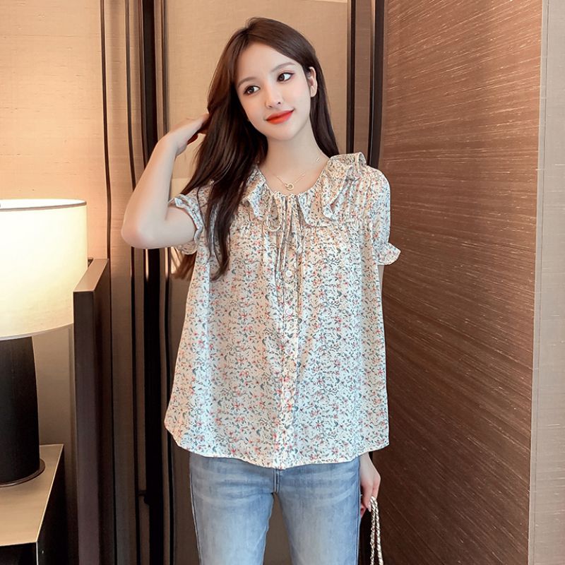 

Summer Women Casual Blouses Floral Clothing Short Sleeve Floral Blusas Shirt Women' Chiffon Shirts Tops, As picture