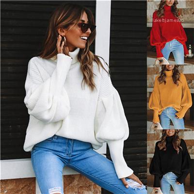 Clothing Womens Autumn Designer Fashion Sweater Turtleneck Lantern Sleeve Pullover Casual Cute Style