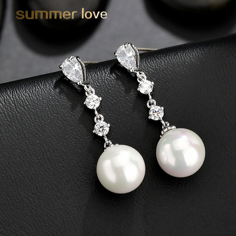 

Newest High Quality Linear Copper Inlay Zircon Pearl Drop Earring for Women Elegant 925 Silver Pin Earring Wedding Prom Party Jewelry Gift