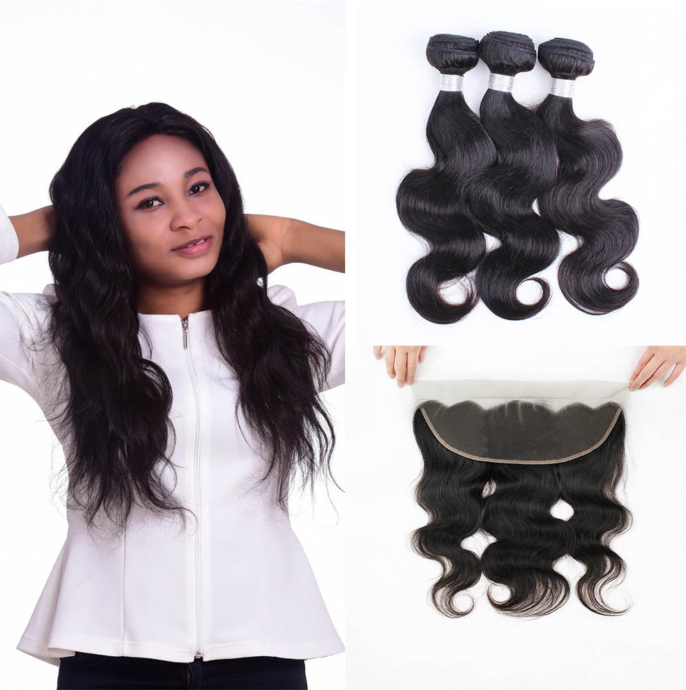 

Natural color body wave 3 bundles with frontal 13x4 ear to ear lace front remy Brazilian Indian Peruvian Malaysian human hair weft