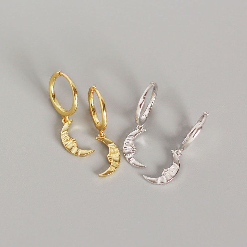 

1Pair Funny Authentic 925 Sterling silver Golds /White Crescent Moon Hoop Huggie Earrings FINE jEWELRY TLE627